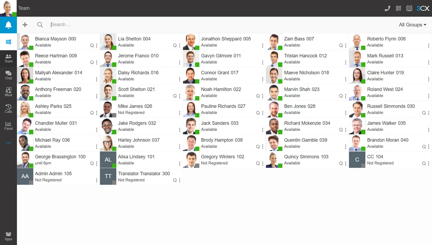 Cliente web do 3CX com a presença da equipe